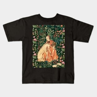 LADY AND UNICORN AMONG FLOWERS ,HARES,Red Green Floral Kids T-Shirt